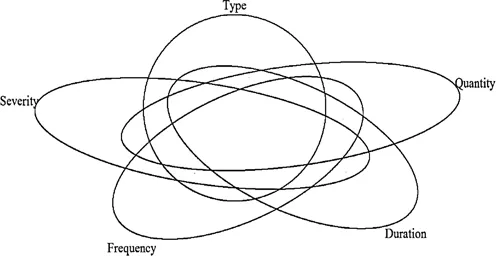 A figure shows five ovals intersecting with the words “Type,” “Severity,” “Frequency,” “Quantity,” and “Duration.”