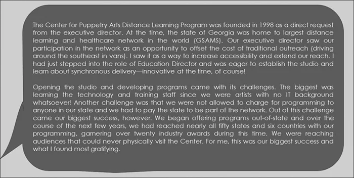 Quote from Patty Dees, Former Distance Learning Director, Center for Puppetry of Arts, current Director of Education, Booth Western Art Museum. The quote is about how the Center for Puppetry Arts began their distance learning department in 1998 in response to having the largest distance learning and healthcare network in the world located in the area of their museum in Atlanta, Georgia, USA. The Center for Puppetry Arts knew that a distance learning deparment would allow for them to reach a larger audience without the cost of driving to participants. After the program was started Patty Dees explains there was a challenge of creating the programs with no IT background and discovering that they could provide programming outside of the state of Georgia at a cost to help offset the cost of providing the programin for free in the state of Georgia.