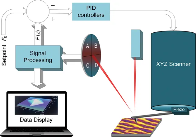 Atomic force microscopy system follows a complex working mechanism mainly including the probe, piezoelectric scanner, optical module, signal processing, amplifier, photodetector, and the computer .etc.