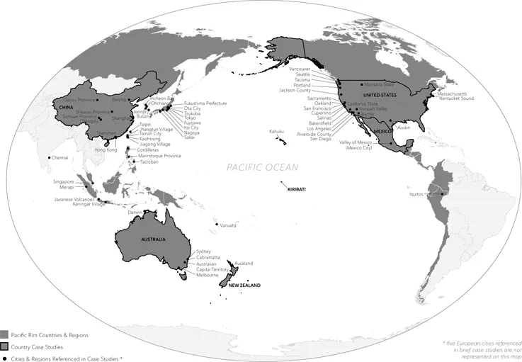 This Figure shows a map of countries and regions in the Pacific Rim. It also uses points and boundaries to indicate the locations of cases studied in the book.