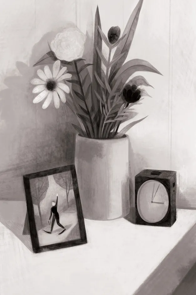 A vase of flowers, a framed photograph, and an analog clock sit on a table. The photo is of a woman with light skin tone waving at the camera. She wears a wetsuit and swimming flippers. The clock reads 3 o’clock.