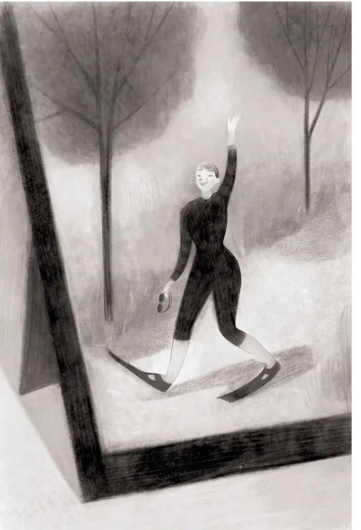 A closer view shows the framed photograph on the table. The woman is Flippa. In addition to her wetsuit and swimming flippers, the woman also carries swimming goggles. She has short hair. Two trees are behind her.