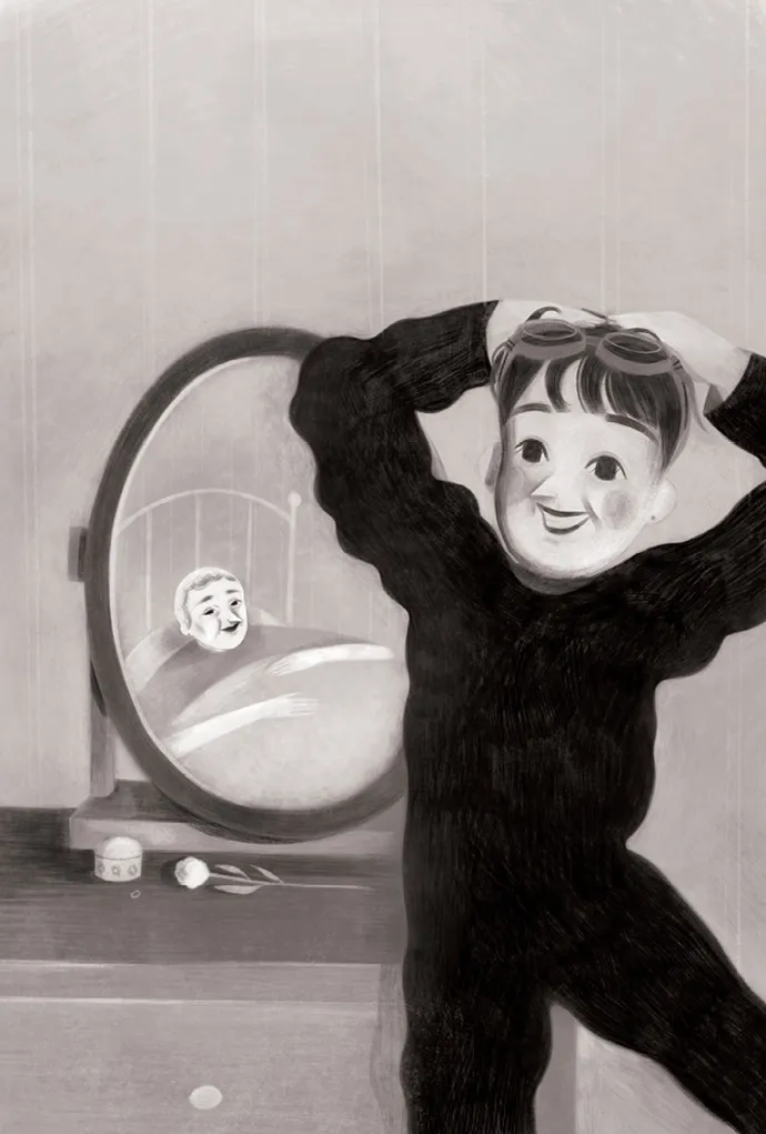 The child stands in front of a dresser wearing the wetsuit which is much too large for them. They have short dark hair. Their hands are on their head, and goggles sit on their bangs. They smile. The dresser behind has an oval mirror on top along with a stemmed flower and a small decorative container. In the mirror’s reflection, Flippa lies in bed under the covers. She is older than in the photograph. 