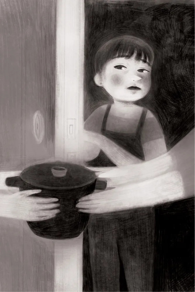 The child stands in the doorway of a half-open door, watching two pairs of hands with light skin tone pass a large black cooking pot. 