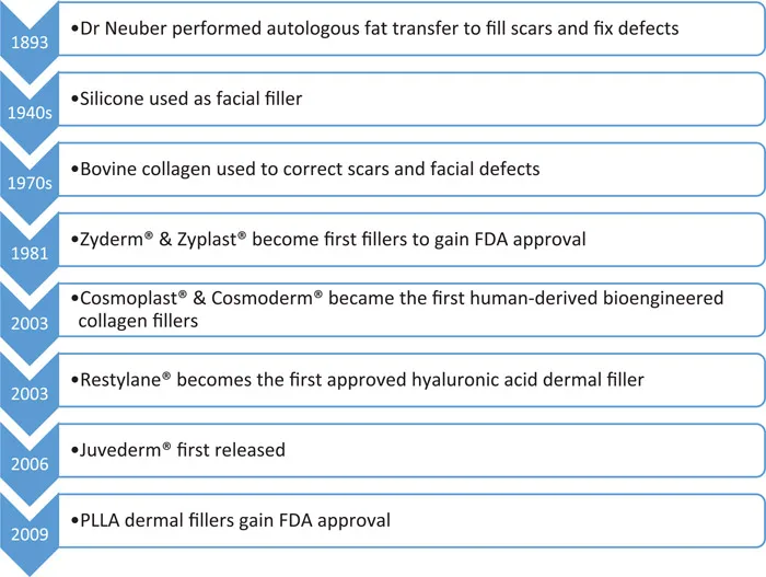 FIGURE 2.1 Timeline of dermal fillers research and practice.