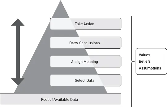 From bottom of the ladder to the top: Pool of available data, Select data, Assign meaning, Draw conclusions, Take action