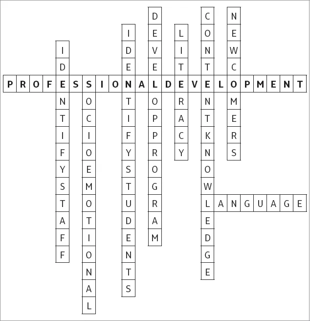 An interlocking depiction of the eight components of a professional development program