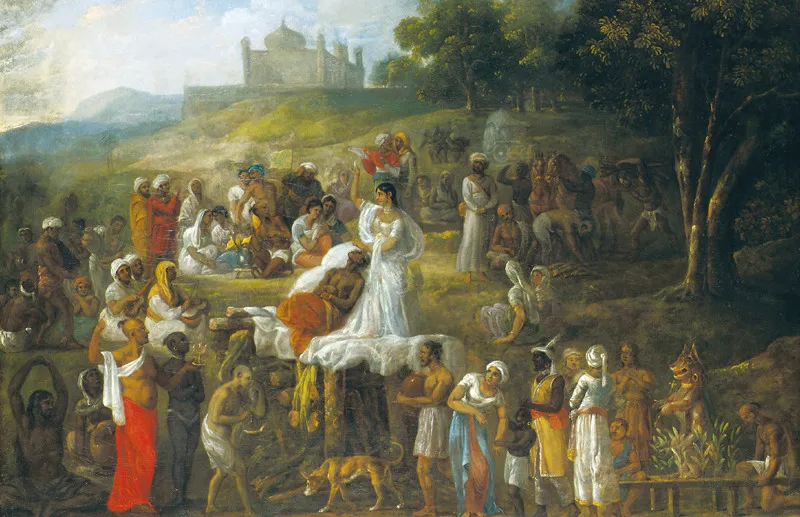 Johann Zoffany, Sacrificio di una vedova indù sul rogo funebre del marito (1780 ca). Il rito del sati venne poi proibito dagli inglesi.