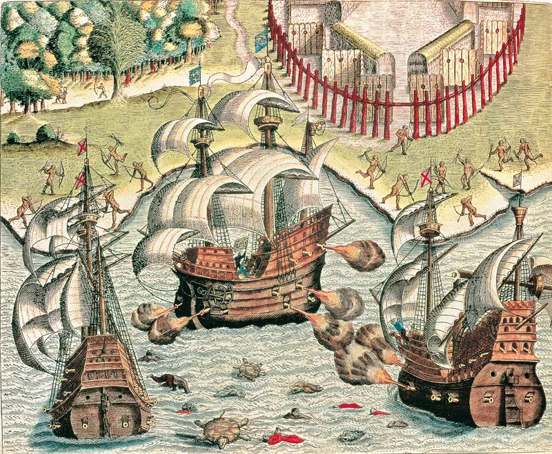 Lo scontro tra navi francesi e portoghesi al largo di Buttugar, sulla costa brasiliana: incisione di Théodore de Bry per Navigatio in Braziliam di Jacques Le Moyne de Morgues (1562 ca).
