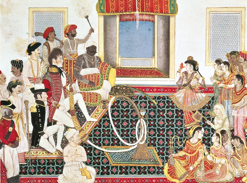 Il principe Mahadaji Sindhia offre un nautch, un’esibizione di danzatrici indiane, a un ufficiale dell’esercito e a un ufficiale di marina britannici: scuola di Delhi (1820 ca).