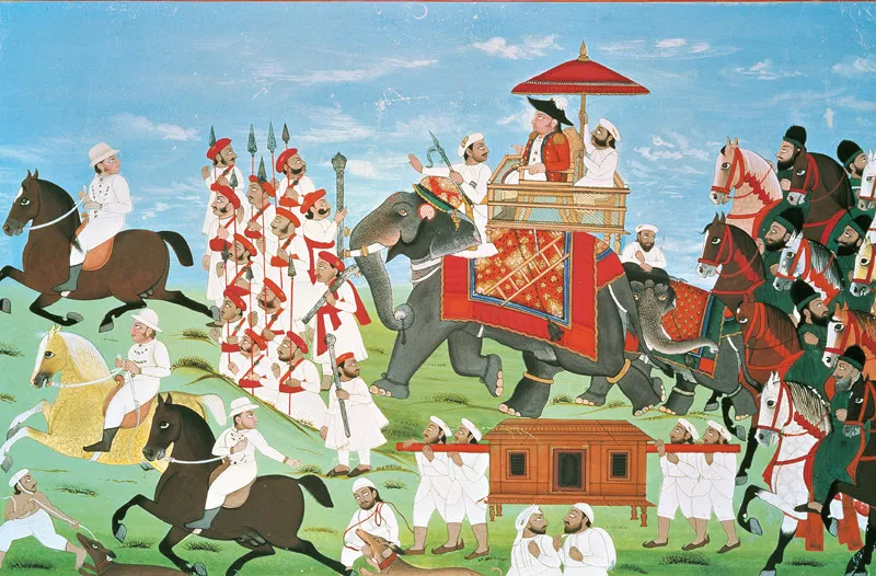 Il colonnello James Todd in viaggio su un elefante con la cavalleria e i Sepoys: dipinto di un anonimo pittore della Compagnia delle Indie (diciottesimo secolo).