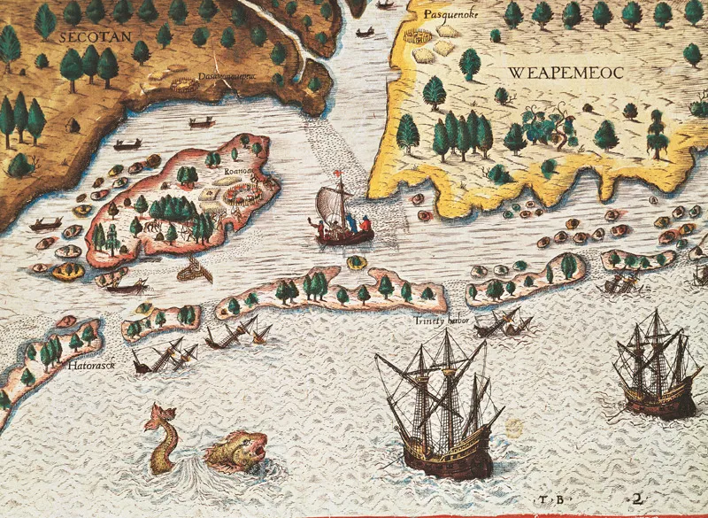 Théodore de Bry, L’arrivo degli inglesi in Virginia: incisione tratta da Thomas Hariot, Admiranda Narratio (1585-88 ca). 