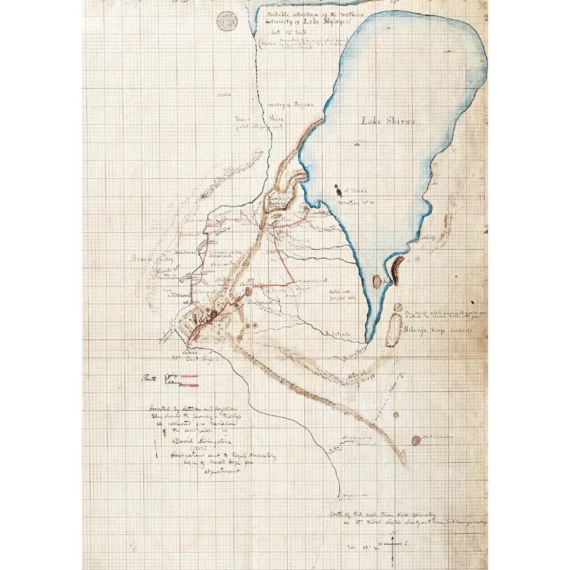 La mappa del lago Shirwa e del fiume Shire da lui tracciata (1859 ca).
