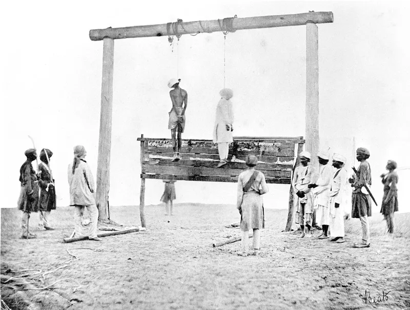 Ribelli impiccati dopo la rivolta dei Sepoys (1858).