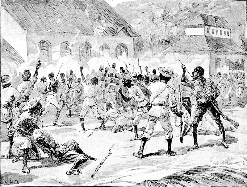 Anonimo, Una folla di indigeni prende d’assalto il tribunale a Morant Bay, 1865, da Cassell’s Illustrated History of England (1898).