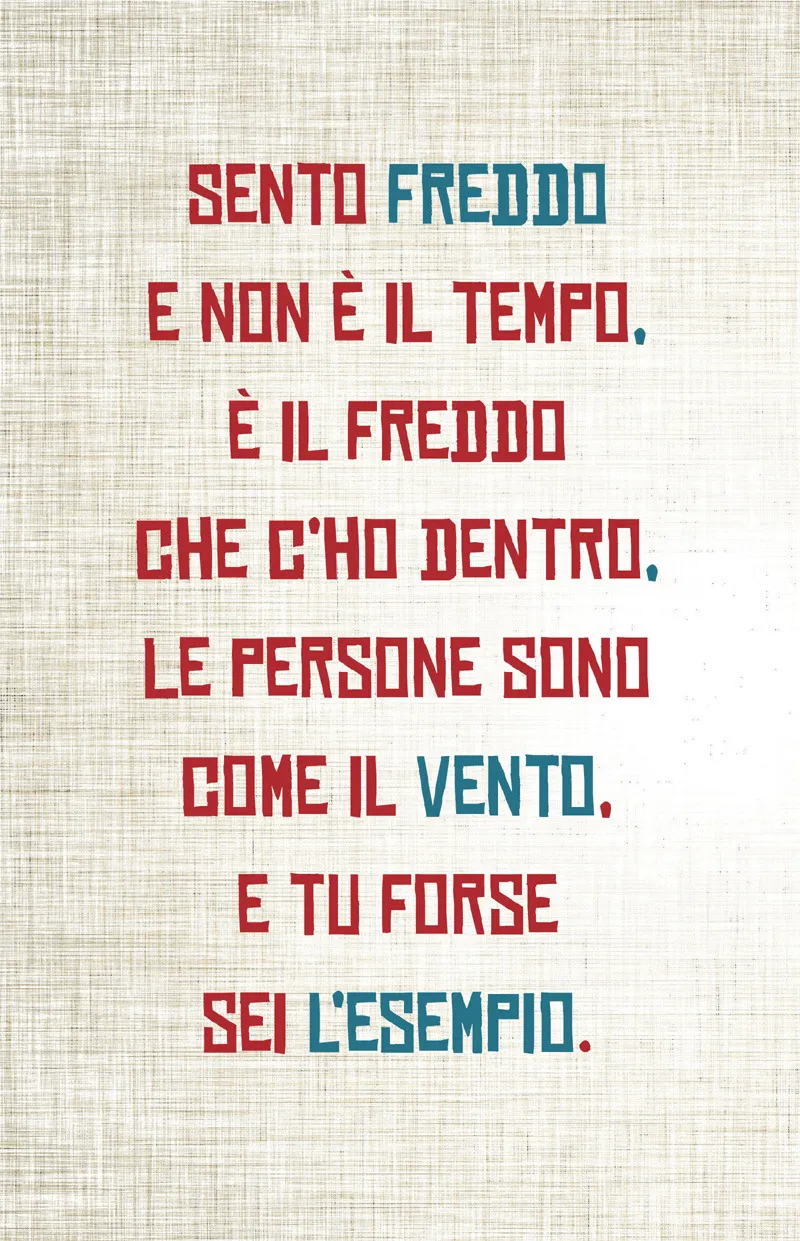 SENTO FREDDO E NON È IL TEMPO, È IL FREDDO CHE C’HO DENTRO, LE PERSONE SONO COME IL VENTO, E TU FORSE SEI L’ESEMPIO.