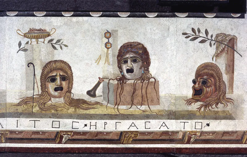 Maschere teatrali, particolare del Mosaico di Eraclito. 