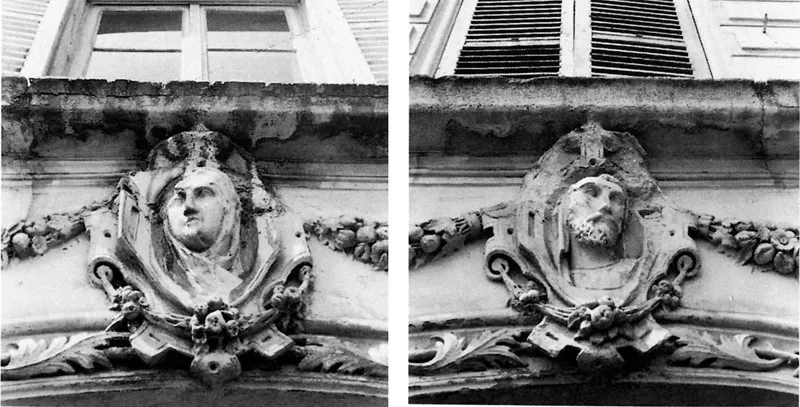 Sotto: sui due portoni, i medaglioni raffiguranti Eloisa e Abelardo.