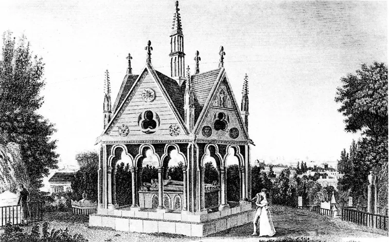 Il cenotafio dei due infelici amanti nel cimitero del Père-Lachaise. Incisione di Henri Courvoisier-Voisin (ca. 1815). Collezione privata (Foto © Mondadori Portfolio/Bridgeman Images)