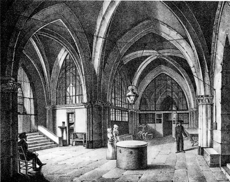 La Sala delle guardie, attuale ingresso alla Conciergerie. Incisione di A. Urruty (ca. 1831). Parigi, Bibliothèque Nationale (Foto © Mondadori Portfolio/Bridgeman Images)