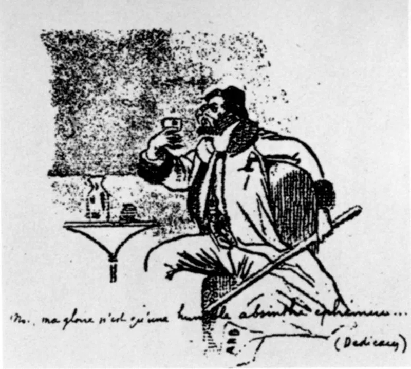Caricatura di Verlaine, opera di Frédéric-Auguste Cazals. La scritta riporta un suo verso: «La mia gloria non è che un umile, effimero assenzio».