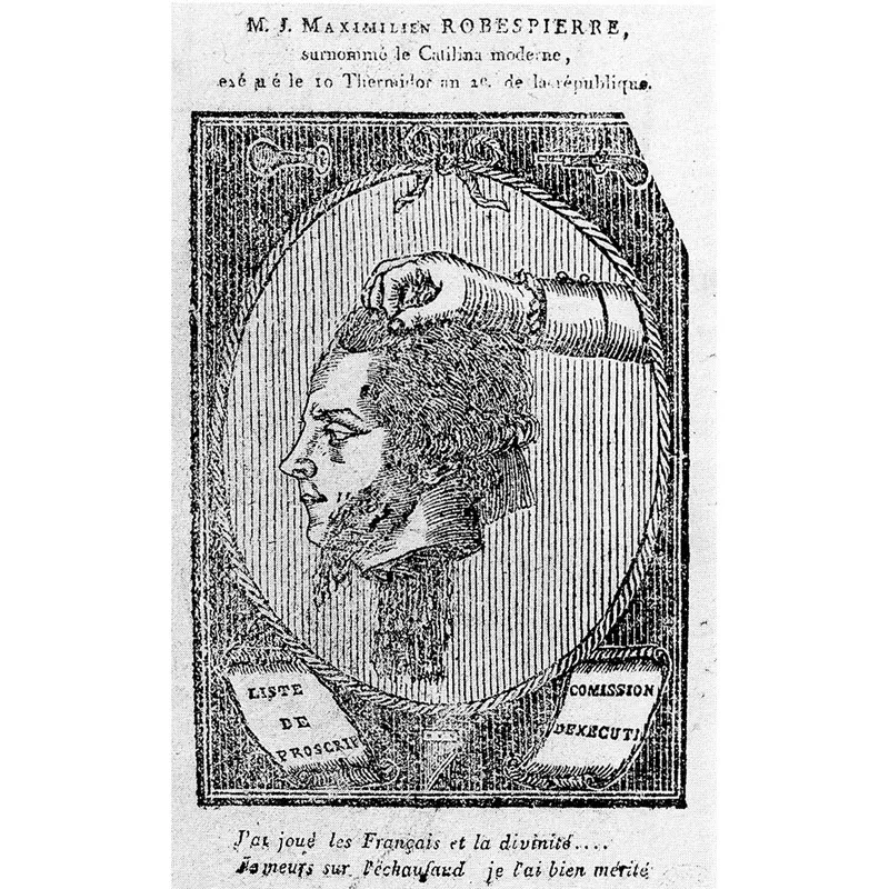 La testa mozzata di Robespierre in una incisione dell’epoca. Parigi, Musée Carnavalet