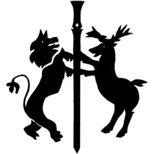 Stemma di re Tommen: lo stemma mostra il cervo incoronato dei Baratheon, nero in campo oro, e il leone dei Lannister, oro in campo porpora, che si affrontano