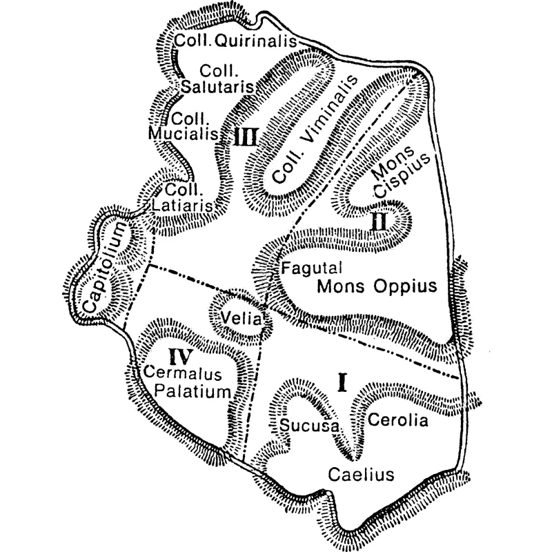 Un successivo stadio di ampliamento di Roma è costituito dalla città quattuor regionum (I. Suburana; II. Esquilina; III. Collina; IV. Palatina).