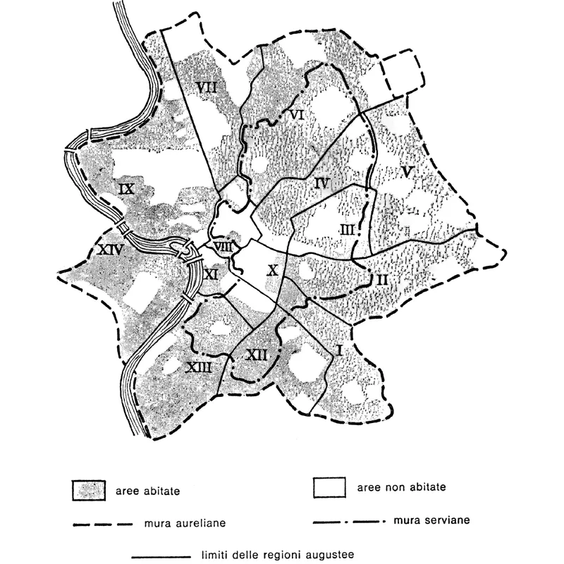 Aree abitate e aree libere nella Roma imperiale secondo i calcoli di A. von Gerkan. La densità della popolazione raggiunge il massimo nel II sec. d.C.; ma anche in quell’età una parte dell’area urbana rimase libera.