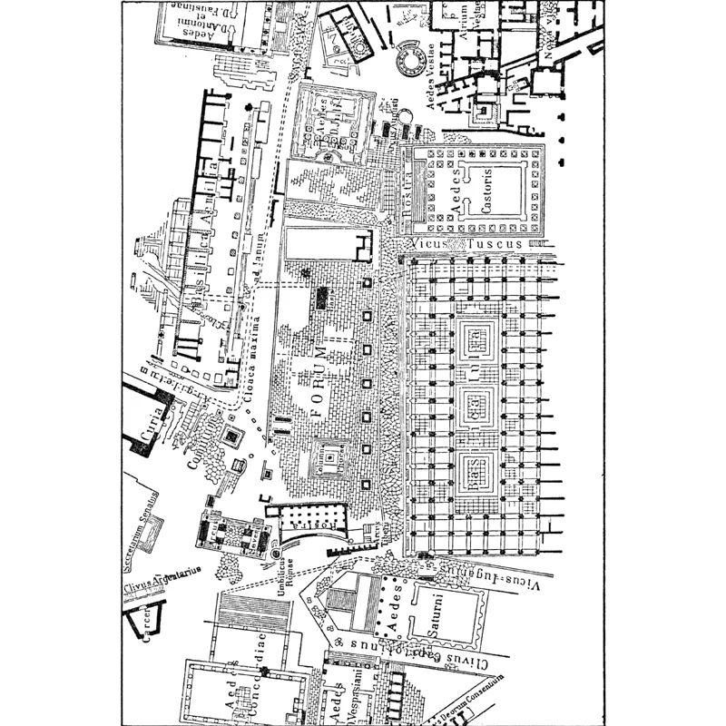 Pianta del Foro Romano con i principali monumenti i cui resti sono ancora oggi visibili (in nero nella figura) o facilmente ricostruibili.