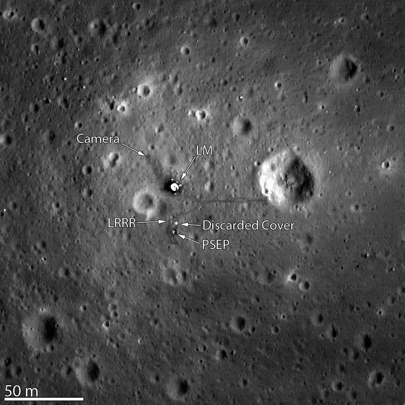 IMMAGINE 2 Foto della superficie lunare scattata dalla sonda NASA LRO (Lunar Reconnaissance Orbiter). I puntini luminosi indicati dalle frecce sono manufatti lasciati sulla superficie lunare dalla missione Apollo 11. Sono visibili, in particolare, il Modulo Lunare (LM), lo specchio usato per riflettere i laser (vedi testo), indicato dall’acronimo LRRR, la sua copertura e gli strumenti usati per alcune misurazioni (PSEP).