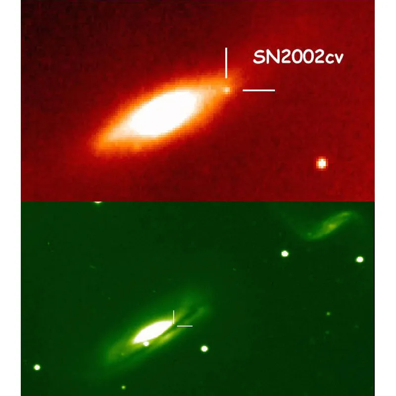 IMMAGINE 19 Immagine verde e rossa della supernova SN2002CV. In alto, la galassia ospite prima dell’esplosione, in basso viene evidenziata la supernova. La sua luminosità dopo l’esplosione è paragonabile a quella della galassia ospite.