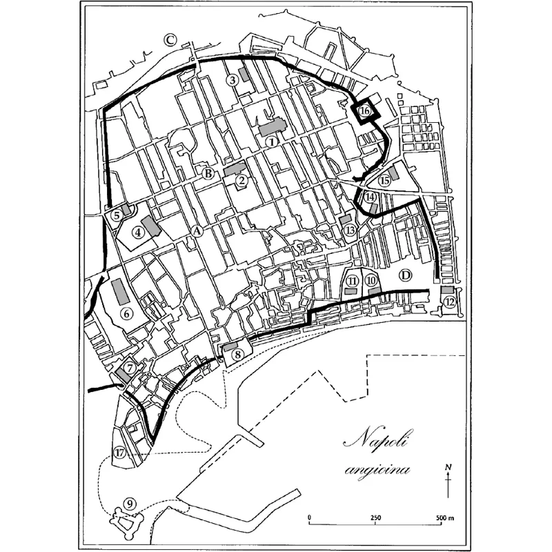 1. Cattedrale,2. San Lorenzo Maggiore,3. Santa Maria Donnaregina,4. San Domenico,5. San Piero a Maiella,6. Santa Chiara,7. Santa Maria la Nova,8. San Pietro Martire,9. Castelnuovo,10. Sant’Eligio,11. San Giovanni a Mare,12. Santa Maria del Carmine,13. Sant’Agostino,14. Santa Maria Egiziaca,15. Annunziata,16. Castel Capuano,17. Area del Malpertugio,A. Via San Biagio dei Librai,B. Decumano Maggiore (Via dei Tribunali),C. Largo delle Pigne (Piazza Cavour),D. Piazza Mercato