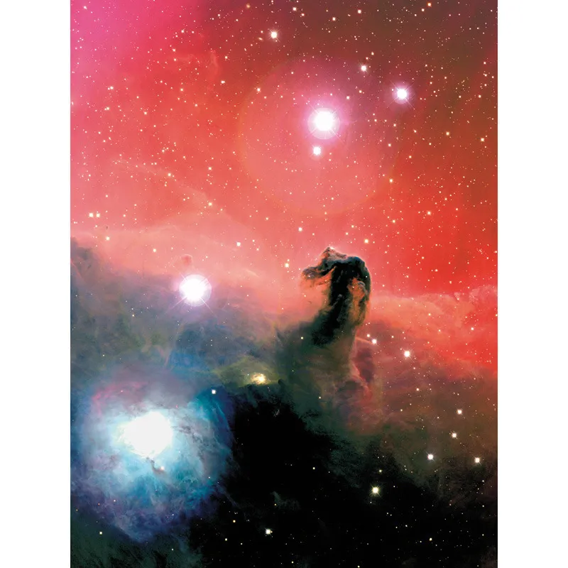 Per la sua forma caratteristica, la nebulosa oscura al centro di questa immagine è chiamata Nebulosa Testa di Cavallo (Horsehead Nebula). Si staglia su una nebulosa a emissione (chiamata IC 434) che brilla grazie al gas idrogeno, reso luminoso dall’alta temperatura delle stelle. La luce impiega circa 1500 anni a raggiungere la Terra da qui.