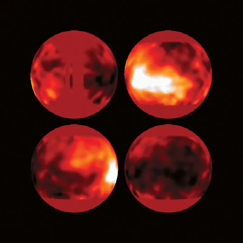 Titano. Immagine HST della superficie di Titano, 1994. In alto a sinistra: l’emisfero che guarda Saturno; in basso a destra: l’emisfero opposto a Saturno. © NASA/UNIVERSITY OF ARIZONA LUNAR AND PLANETARY LABORATORY/STSCI/SCIENCE PHOTO LIBRARY