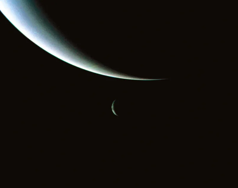 Nettuno e, appena visibile, la sua luna più grande, Tritone; immagine scattata da Voyager 2. © NASA/SCIENCE PHOTO LIBRARY