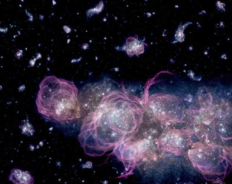 PER CAPIRE L’UNIVERSO QUANDO ERA GIOVANE. Le immagini più profonde del cosmo, ottenute dal Telescopio Spaziale Hubble, suggeriscono che le prime stelle dopo il Big Bang abbiano illuminato i cieli come uno spettacolo di fuochi d’artificio. © Adolf Schaller for STScI.