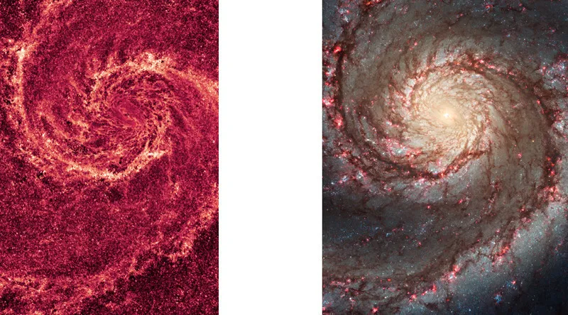 Due immagini incredibilmente diverse della galassia Vortice. © NASA, ESA, M. Regan and B. Whitmore (STScI), and R. Chandar (University of Toledo). © NASA, ESA, S. Beckwith (STScI), and the Hubble Heritage Team (STScI/AURA).