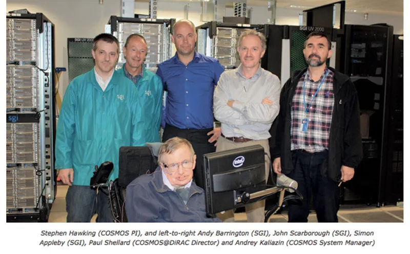 Stephen Hawking e i suoi collaboratori: Stephen Hawking (responsabile scientifico di Cosmos) e, da sinistra a destra: Andy Barrington (SGI - Silicon Graphics Inc.), John Scarborough (SGI - Silicon Graphics Inc.), Simon Appleby (SGI - Silicon Graphics Inc.), Paul Shellard (direttore di Cosmos@DiRAC) e Andrey Kaliazin (System Manager di Cosmos). © CTC