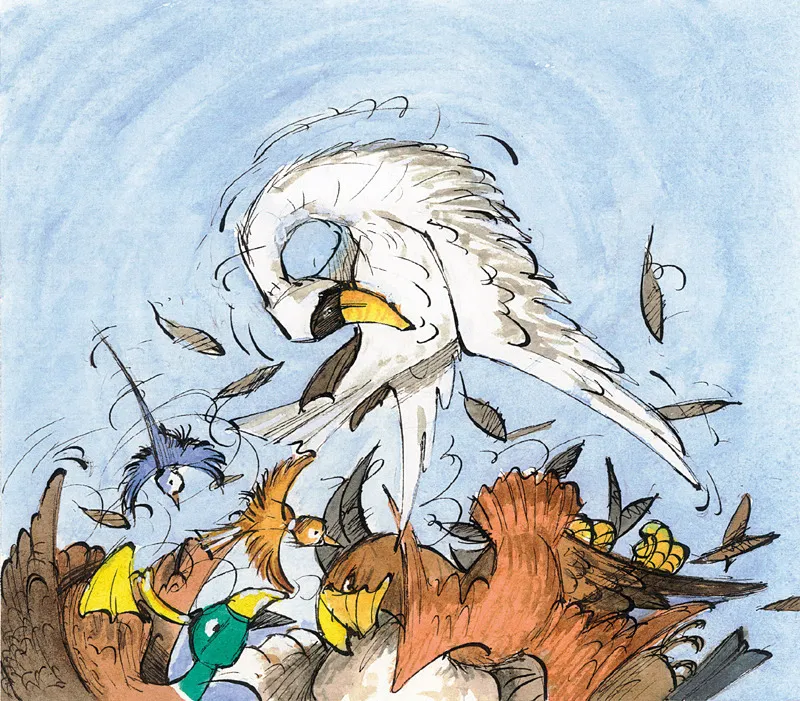 … tutti insieme attaccano l’aquila, finché a questa non rimane altro da fare che lasciar andare il cigno, che cade nel fiume, e fuggire.