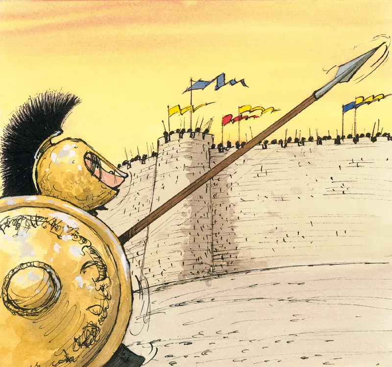 E scende nel campo di battaglia brandendo un’enorme lancia.