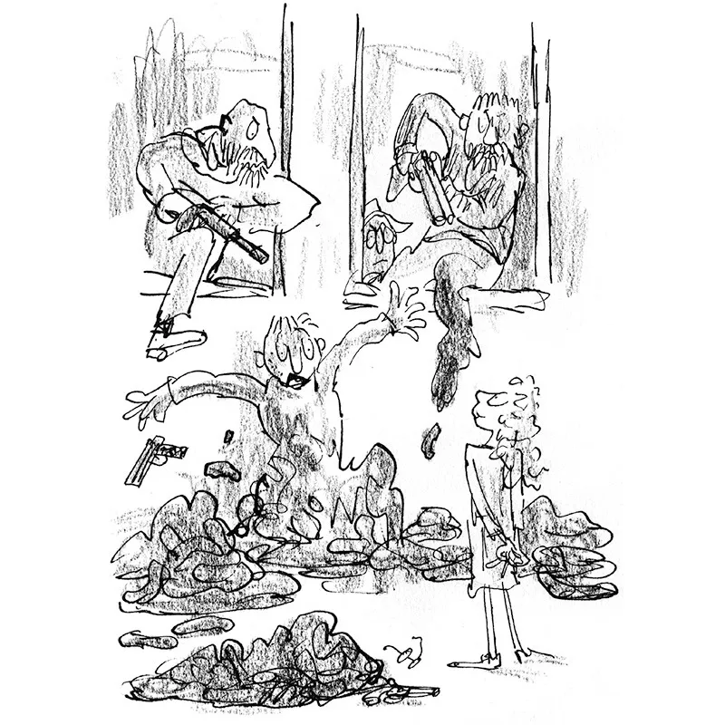 Dalle finestre entrano di corsa delinquenti inferociti, armati di coltelli, pistole, fucili, mitra e lupare. E, come varcano la soglia, tutti vengono trasformati in cacca da Lavinia