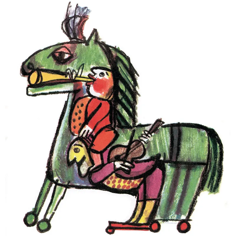 Due ragazzi, con tromba e violino, dentro la pancia di un cavallo di bronzo