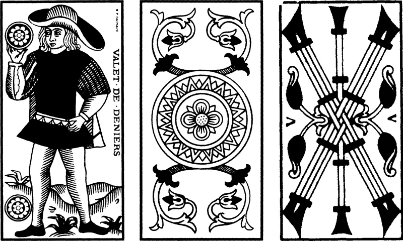 Fante di Denari, Asso di Denari, Cinque di Bastoni