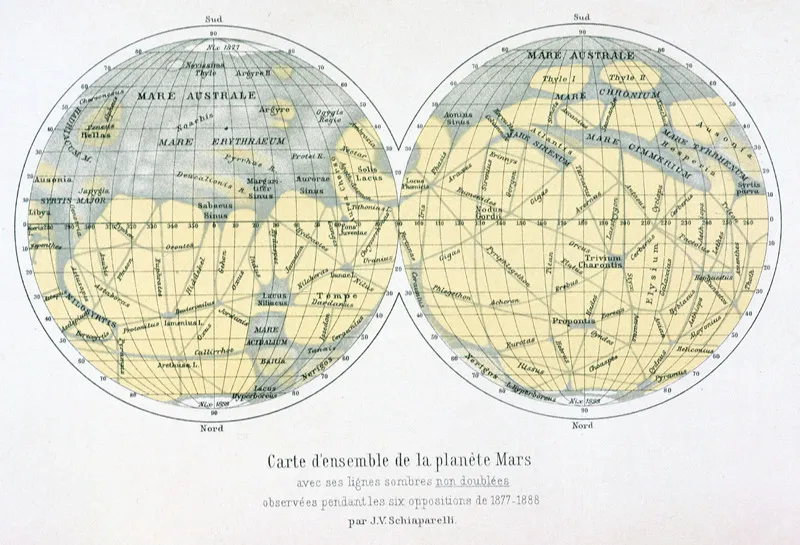 Mappe di Marte disegnate da Giovanni Schiaparelli tra il 1877 e il 1888.