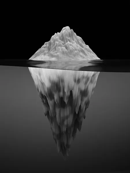 A floating iceberg which is used as a culture metaphor where one part of the iceberg is on the surface of the water while the other part is under the surface of the water. The part above the surface represents visible culture which includes people's art, dress, food, greetings; their language and literature. The invisible part, below the surface, includes assumptions, beliefs, biases, norms and values of a community. Both the visible and invisible aspects represent the culture of a particular community.