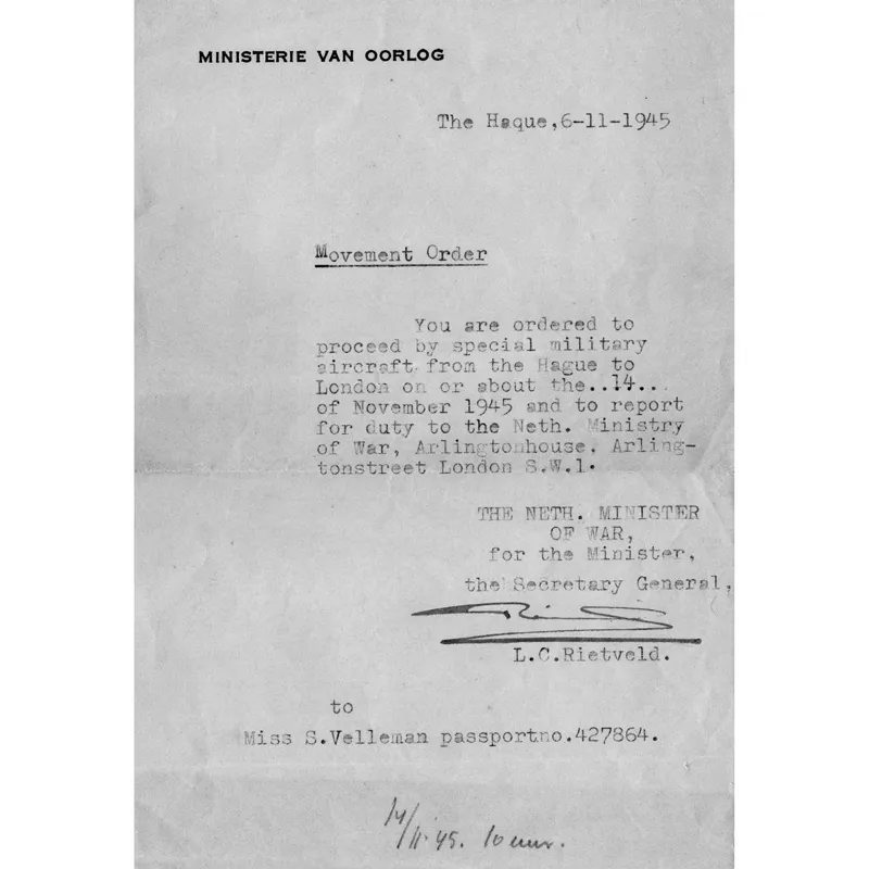 Il documento del ministero della Guerra che ordinava a Selma di partire dall’Aja alla volta di Londra il 14 novembre 1945.
