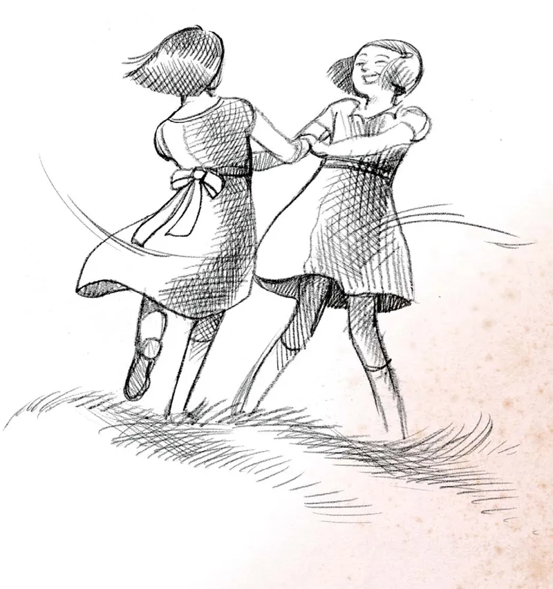 Illustrazione di due bambine che giocano a girotondo