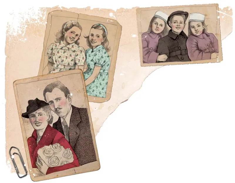 Illustrazione: tre fotografie tenute insieme con una graffetta: in una ci siamo noi e nostro cugino Sergio, nell’altra ci sono la mamma e il papà, e nell’ultima ci siamo soltanto noi due sorelle