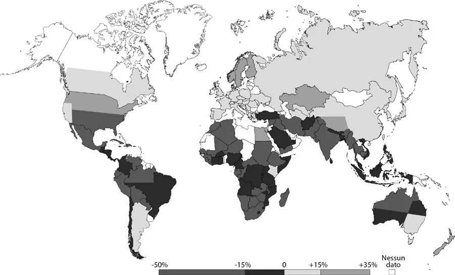 Fig. 1.1. Proiezione dei cambiamenti nella produzione agricola entro il 2080 a causa del mutamento climatico.
